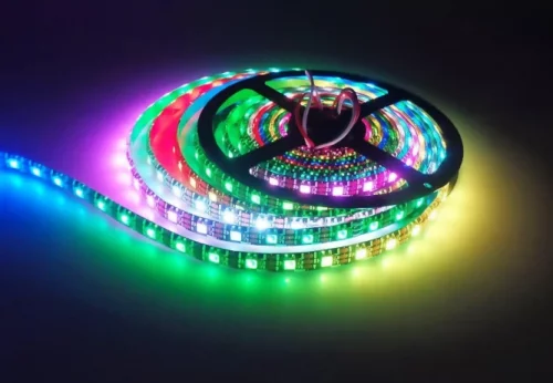RGB LED strip powered on with rainbow colors